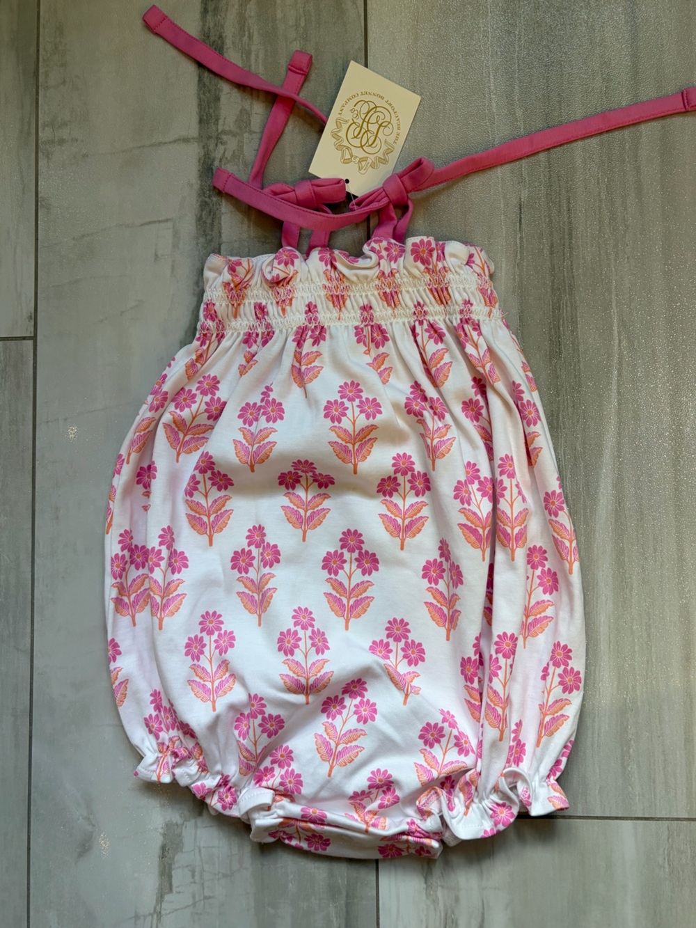 NWT TBBC Pink Floral Pima Cotton Rosey Tie-Top Smocked Bubble Romper Girls 2T